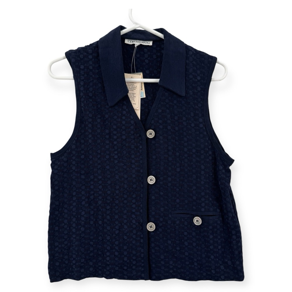 Vintage Cynthia Max Crochet Vest‎ Top Womens Small Navy Knit Button Up USA NEW
